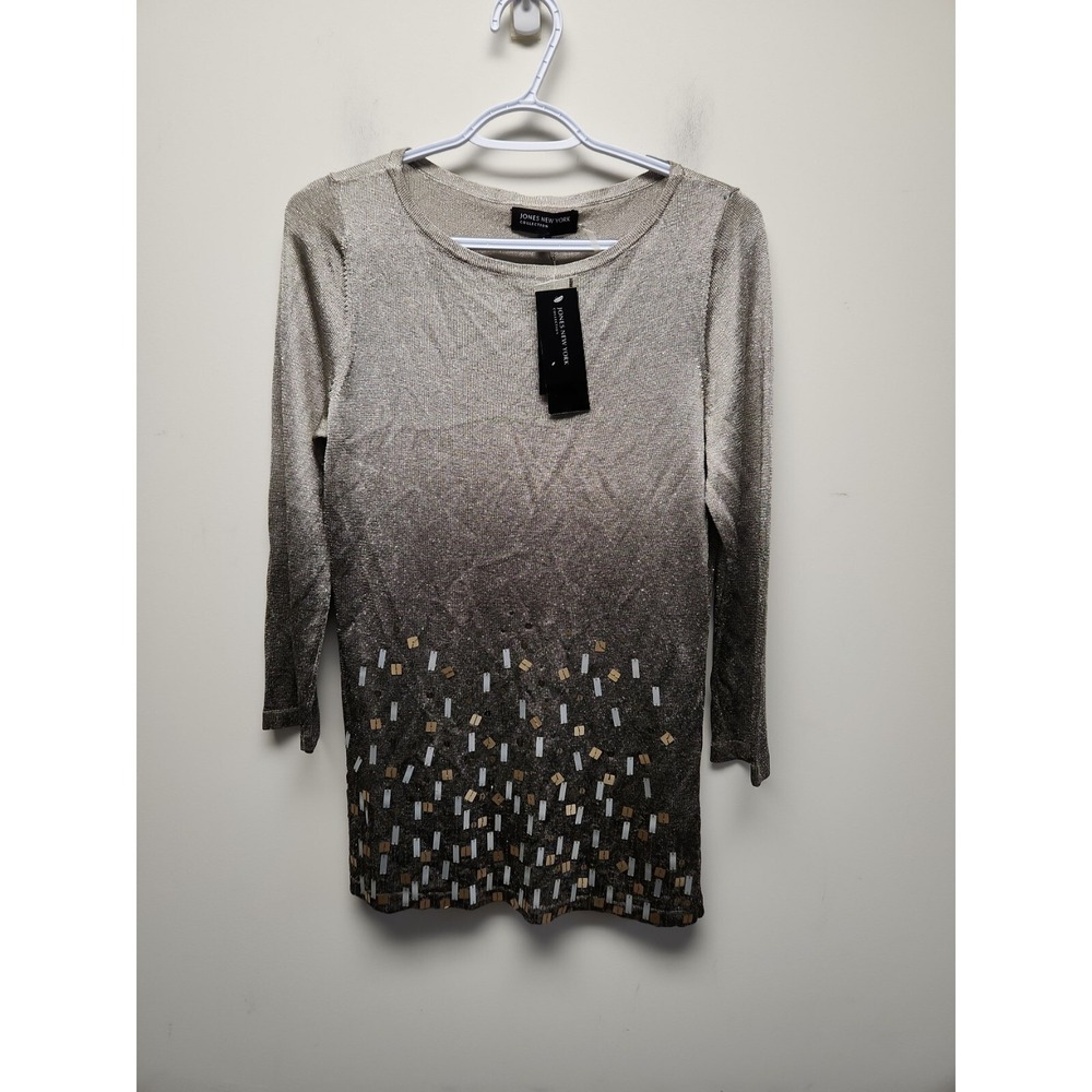 Jones New York Collection  Cardigan Glitter Brown Gold‎ Silver 3/4 Sleeve New